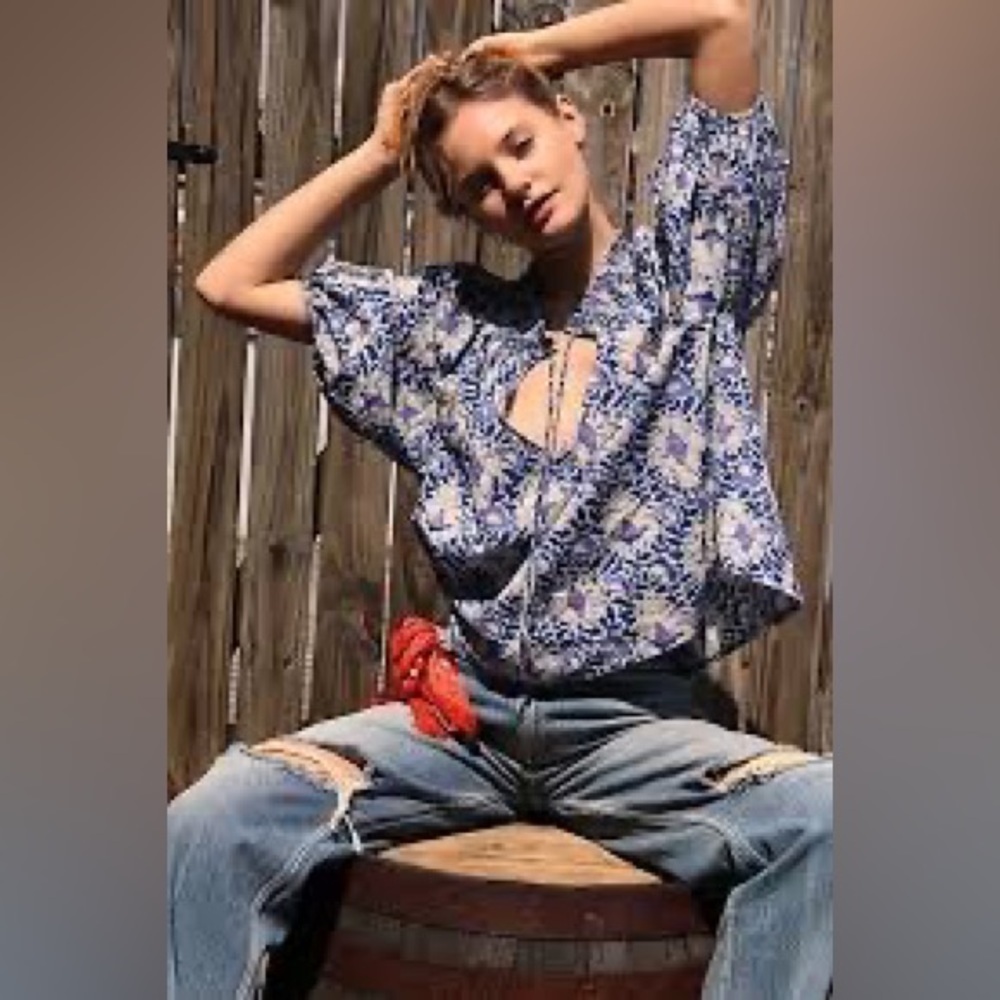 Free People Willow Printed Blouse in Blue Batik Combo - Picture 15 of 15